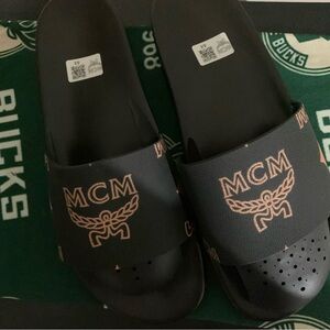 MCM Black and Tan Logo Slide Sandals